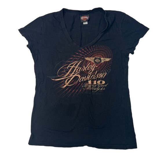 Harley Davidson V-Neck Graphic Baby Tee T-Shirt Biker Retro Y2K Black L Large - Picture 1 of 5